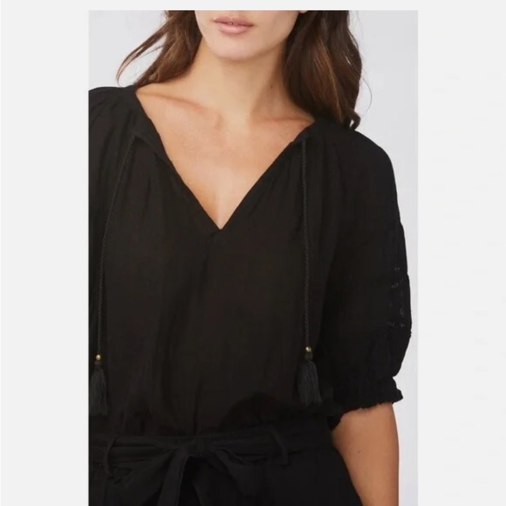 Sundays Colette Eyelet Puff Sleeve Blouse Top Womens 3 Black Cotton Tasseled - Picture 3 of 16